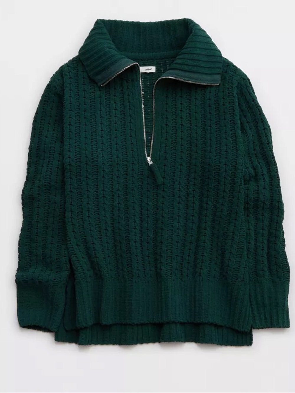 Aerie Cable Car Knit Quarter Zip Deep Forest Green Chenille Sweater L - Picture 4 of 13